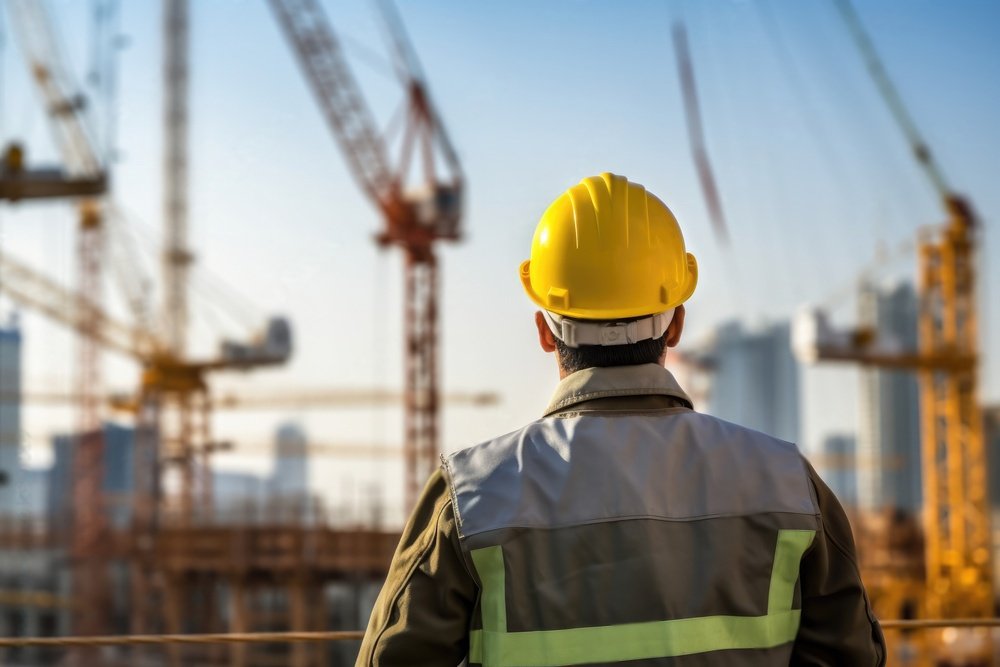 "مشرف هندسي يتفحص موقع البناء لضمان الالتزام بالمواصفات الفنية والجودة"