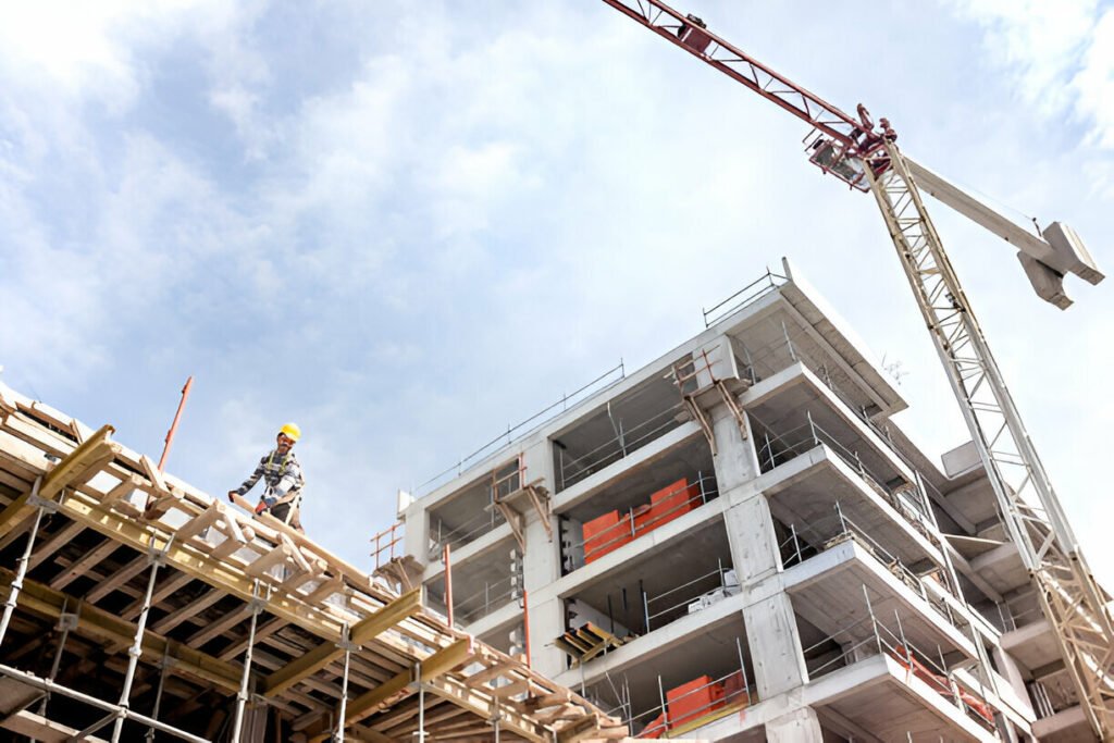 صورة شاملة لموقع بناء يضم عدة مشاريع إنشائية، تظهر فيها مختلف مراحل البناء من الحفر إلى التشطيب.